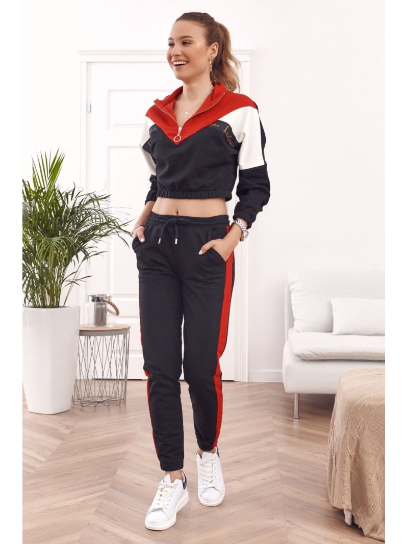 Bequemer Trainingsanzug, Sweatshirt mit Stehkragen und Hose, Rot und Schwarz 01039 - Online-Shop - Boutique